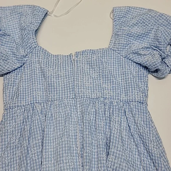 ORIGINALITY BLUE WHITE GINGHAM TIE-FRONT PUFF SLEEVE MINI DRESS SZ MEDIUM - Picture 13 of 14